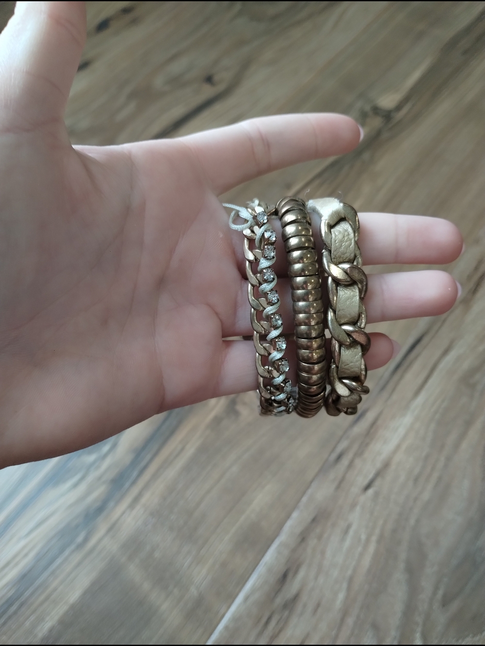 Gold Tone Bracelet Trio - Layered Chain & Bead Set